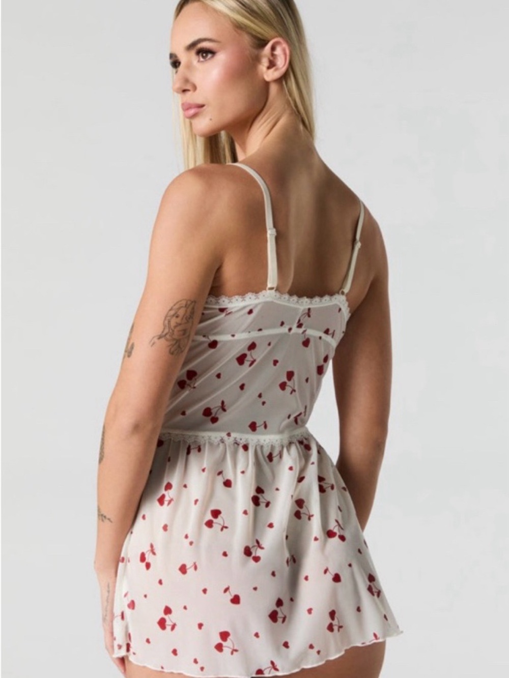 Women's White and Red Cherry Print Lace Trim Chemise